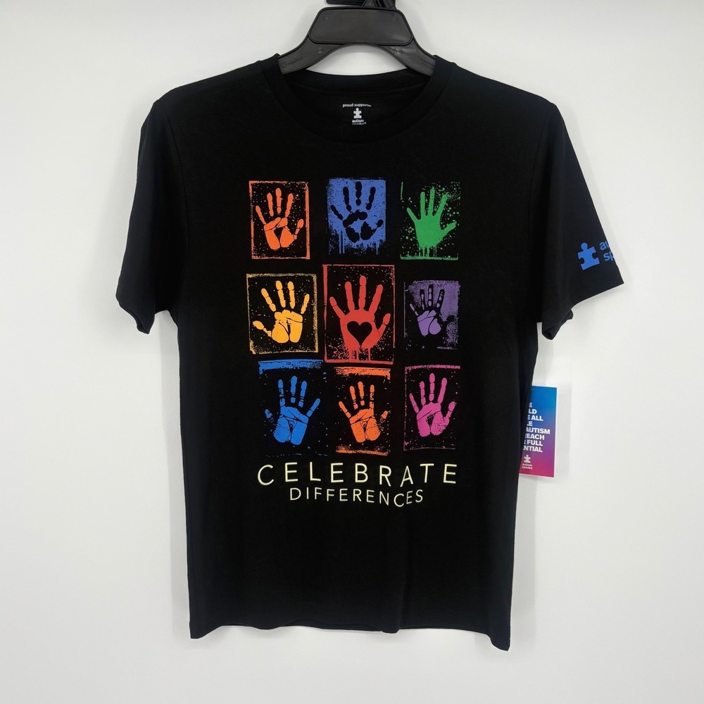 Autism Speaks Celebrate Differences Handprints Black Graphic T-Shirt Women XS